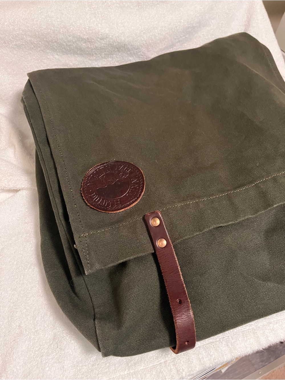 Duluth Pack #51 Utility Pack Green with brown leather roller straps